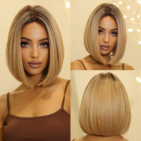 LOUIS FERRE Short Blonde Bob Synthetic Wigs With Dark Root Shoulder Length Blonde Straight Wig Mixed White Hair High Temperature