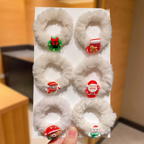 6Pcs Plush Hair Ties for Girls Christmas Theme Design including Santa Claus Snowman Fashionable Winter Hair Accessories Gift