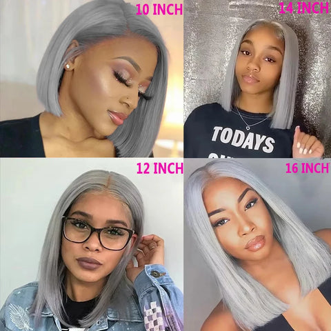 Silver Grey Lace Front Short Bob Wig Grey Straight 13x4 Lace Transparent Front Wigs Human Hair For Black Women 10 12 14 16 Inch