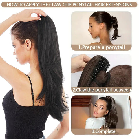 Synthetic Claw Clip Ponytail 18Inch Long Wavy Black Brown Heat Resistant Type Layered Horse Tail  Hair Extension