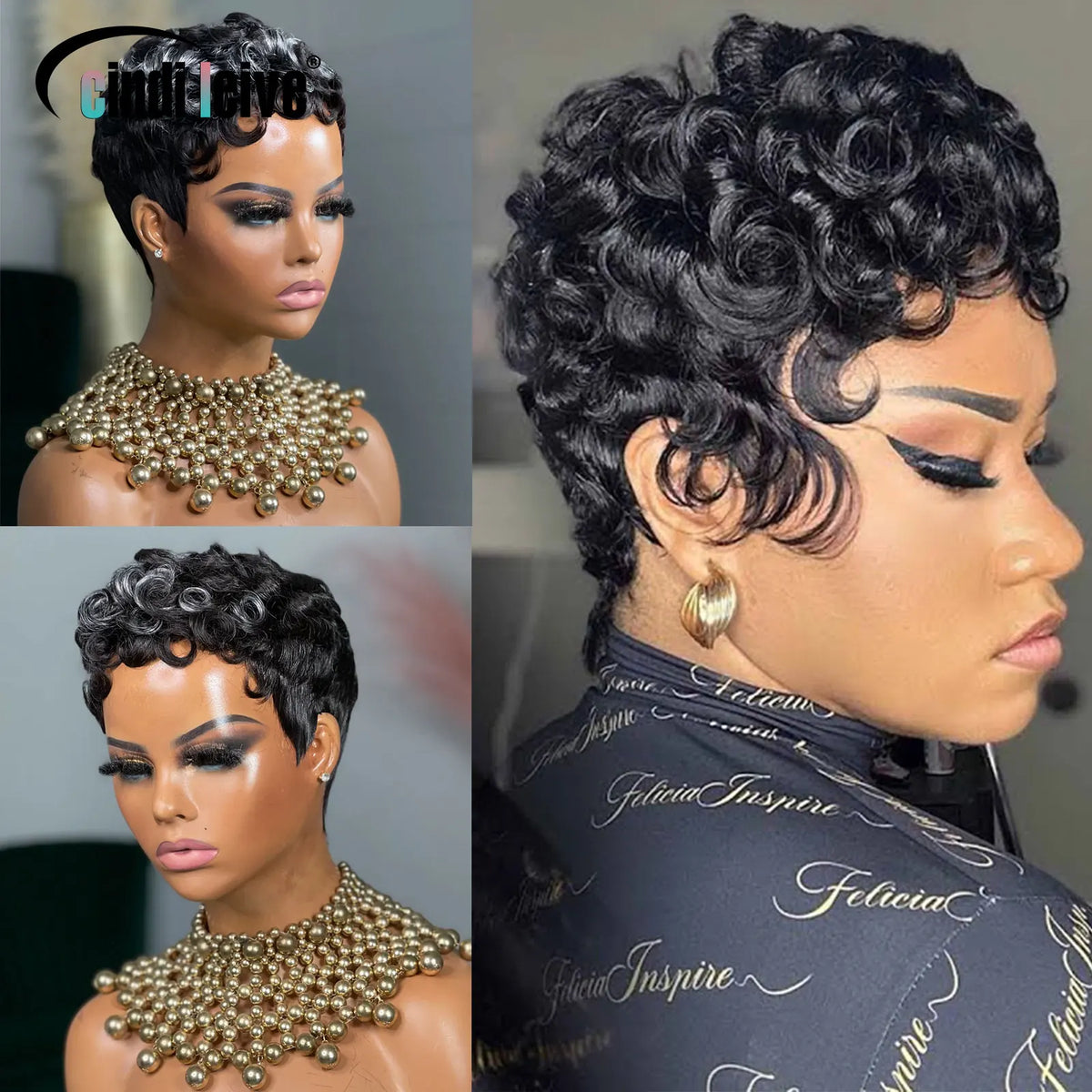 Short Curly Pixie Cut Human Hair Wigs For Black Women Natural Black Glueless Wig Peruvian Remy Bob Full Machine Made Wigs 150%