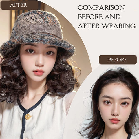 Ocelot Synthetic fisherman hat lazy wig hat woman short curly bow mother wig hat hair extension brown black heat-resistant