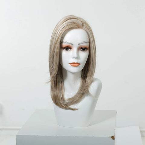 MONO Lace Frontal Synthetic Wigs Light Brown Blonde Hair Middle Length Straight Layered Wigs for White Women Daily 16inches Hair