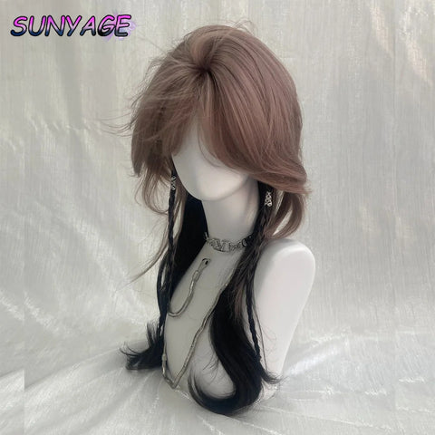 Pink Purple With Black Synthetic Wigs With Bang Jellyfish Head Hair Wig for Women High-layered Wolf Tail Cosplay Heat Resistant