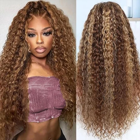4/27 Curly Highlight Wig Human Hair Preplucked 360 Full Lace Front Wig HD Human Hair Ready to Wear Deep Wave Human Wig for Women