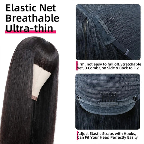 Straight Human Hair Wigs With Bangs Full Machine Made Wig Cheap Brazilian Hair Wigs Short Bob Wigs 250 Density Wigs