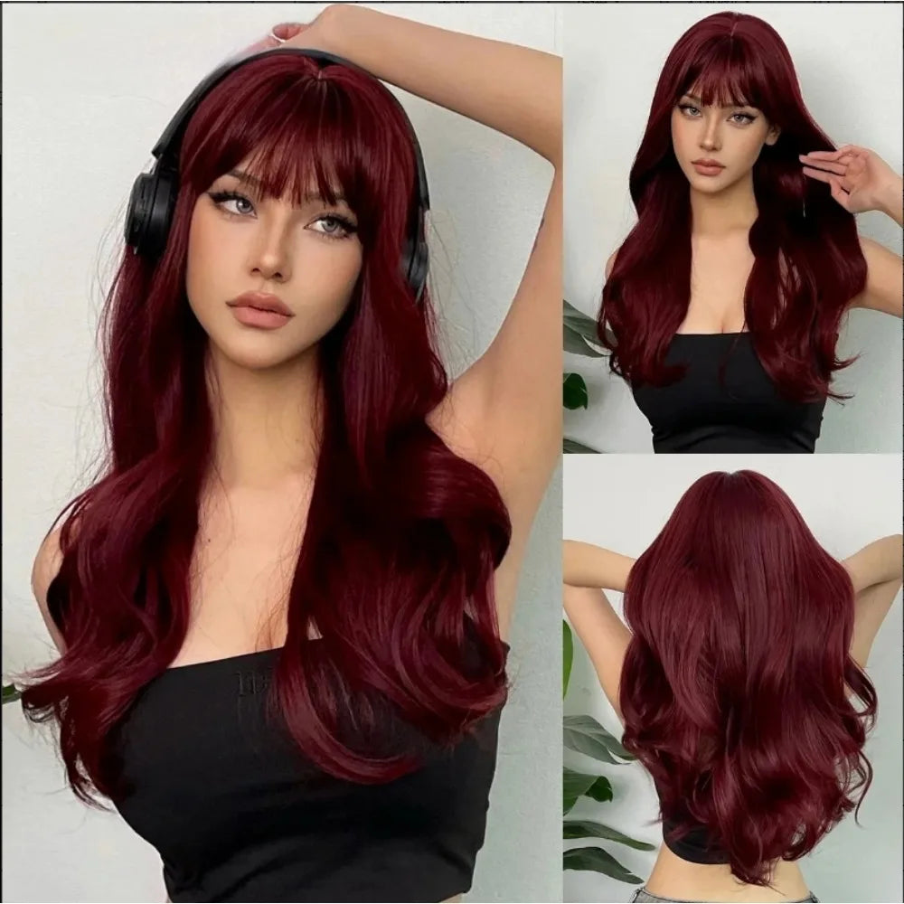 Synthetic Burgundy Long Wavy Wig Wine Red Colorful Cosplay Lolita Wigs with Bangs for Women Afro Natural Hair Heat Resistant
