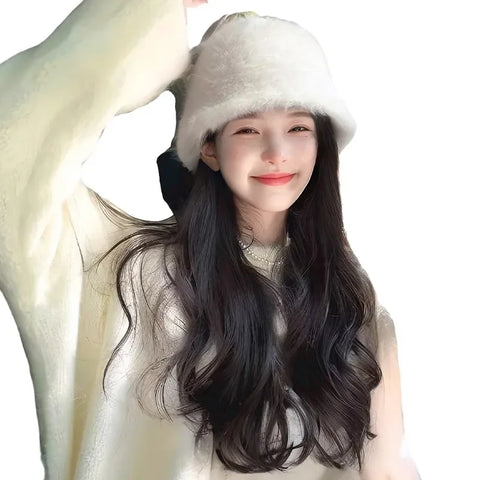 Women's Long Hair Wig Hat Integrated Natural Real Human Hair Fashion Autumn Winter Fisherman Cap Full Head Cover