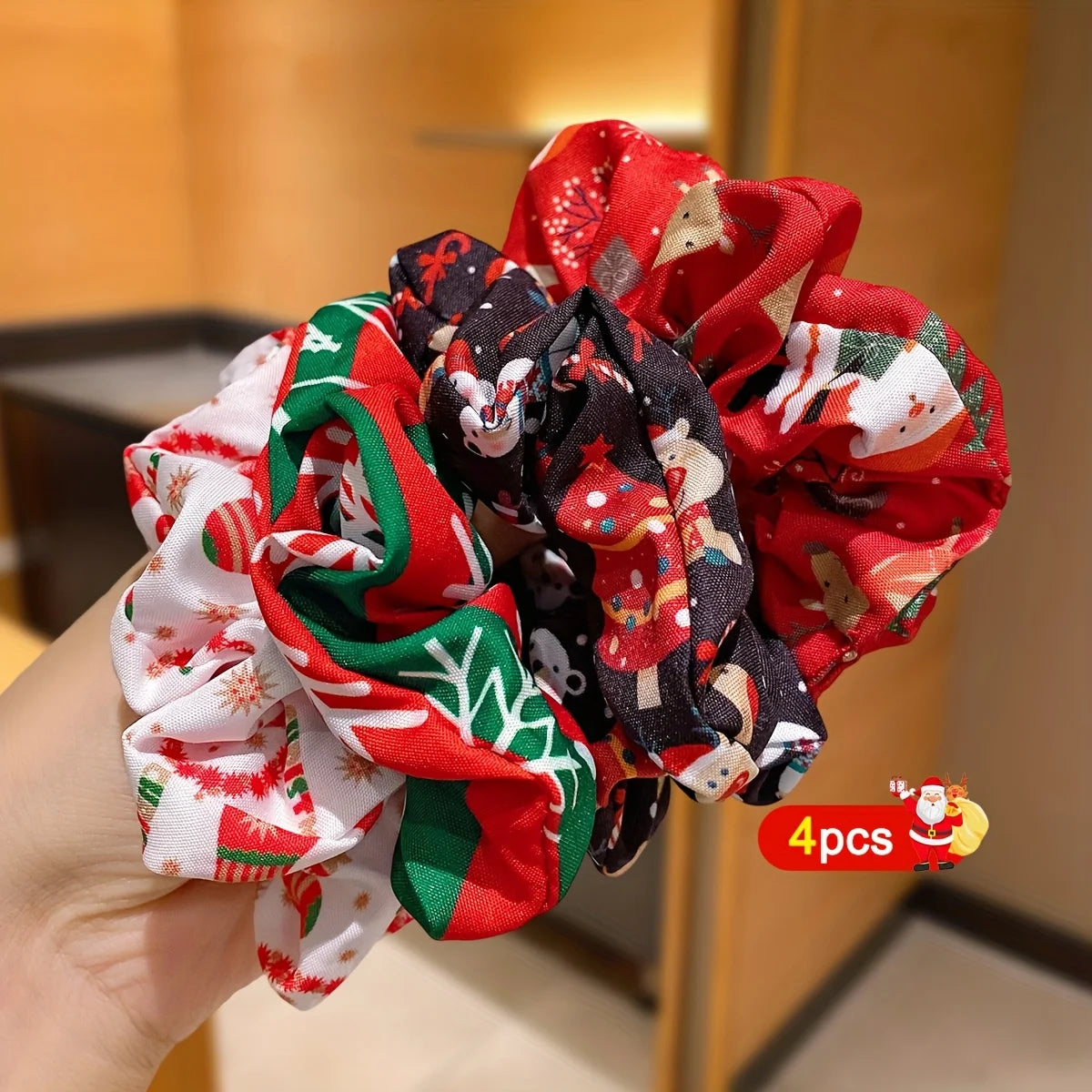 4pcs Set Fashionable Minimalist Girls' Christmas Hair Ties,High-Elasticity Non-Damaging Hair Bands with Christmas Element Prints