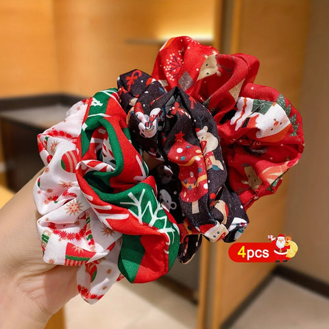4pcs Set Fashionable Minimalist Girls' Christmas Hair Ties,High-Elasticity Non-Damaging Hair Bands with Christmas Element Prints