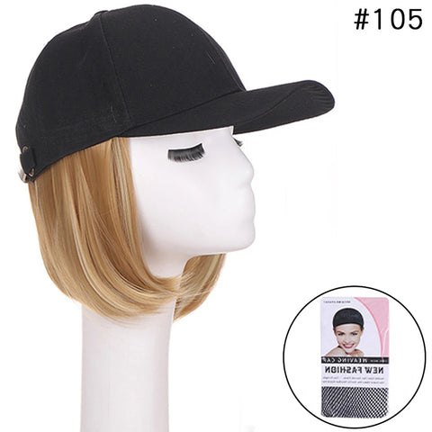 Synthetic Adjustable Black Hat Wigs Short Bob Straight Baseball Cap Wig Seamless Connection Hair Extensions for Women