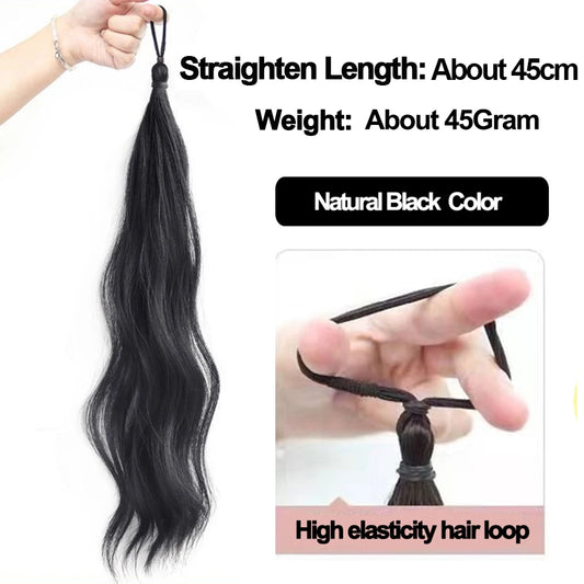 Long Wavy Synthetic Self-Winding Ponytail Hair Extensions With Elastic Rubber Band Braided Hair Bundle For Women Increase Hair