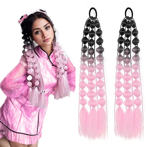 1Pc Synthetic Hair Wig Ponytail Extension Hairpieces Pink Long Lantern Bubble Braid Kinky Straight Women Girl Halloween Costume