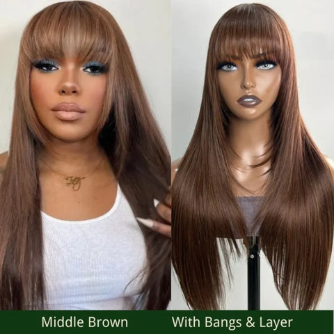 Chocolate Brown Layered Straight Wigs with Bangs Synthetic Layered Cut 3X1 Lace Glueless Wig 4# Brown Color 180% Density