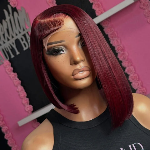 200% 8-18 Inches 99J Burgundy Short Straight Bob Wig 13x4 Transparent Lace Frontal Wigs Pre Plucked With Baby Hair Wine Red