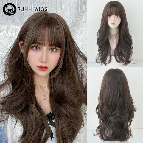 7JHH WIGS Honey Brown Wigs with Neat Bangs High Density Synthetic Loose Brown Hair Wig for Women Daily Use Beginner Friendly