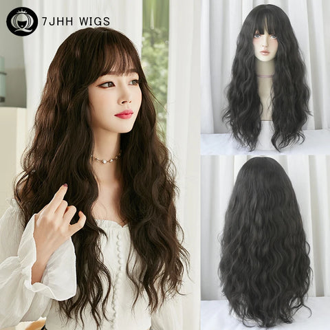 7JHH WIGS Honey Brown Wigs with Neat Bangs High Density Synthetic Loose Brown Hair Wig for Women Daily Use Beginner Friendly