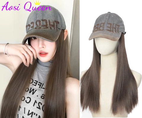 AOSI Long Wavy Wig Synthetic Wig Vintage Cowboy Hat Extensions Hat Wigs Cold Brown Adjustable Hairpiece for Women