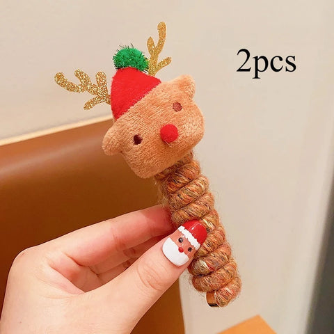2PCS Hair Ropes Christmas Headwear for Girl Cartoon Elk Deer Tree Kid Cute Party Headband Children Hair Accessory New Year Gift