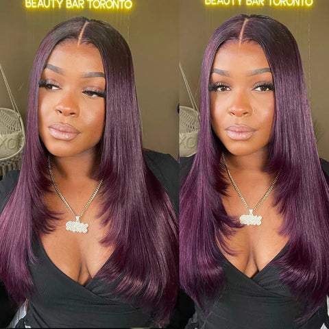 13X6 Dark Burgundy Straight Lace Front Wigs HD Layered Cut Lace Frontal Wig Synthetic Pre Plucked Glueless Lace Wigs For Women