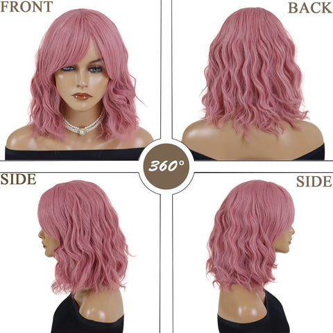 Natural Synthetic Hair Pink Short Wavy Wig for Women Curly Wigs with Bangs Water Wave Girls Cosplay Party Halloween Costume Wig