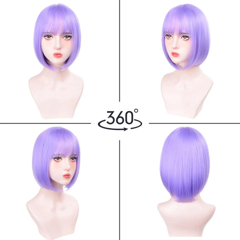 Short, light purple bob hairstyle synthetic wig for Halloween party cosplay wig, daily high-temperature hair accessory wig set