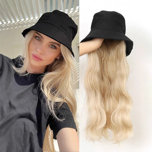 Synthetic Women Caps with Hair 20 Inch Hat Wig Seamless Connection Hair Extensions Beautiful Long Wavy Curly for Daily Use