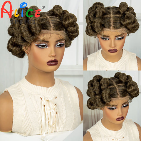 Natural Color 6Inch Transparent Full Lace Braided Wigs Short Cute Handmade Bantu Synthetic Braided Lace Wigs Knotless Braids Wig