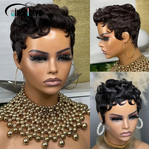 Short Curly Pixie Cut Human Hair Wigs For Black Women Natural Black Glueless Wig Peruvian Remy Bob Full Machine Made Wigs 150%