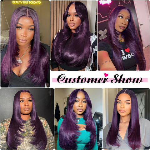 13X6 Dark Burgundy Straight Lace Front Wigs HD Layered Cut Lace Frontal Wig Synthetic Pre Plucked Glueless Lace Wigs For Women