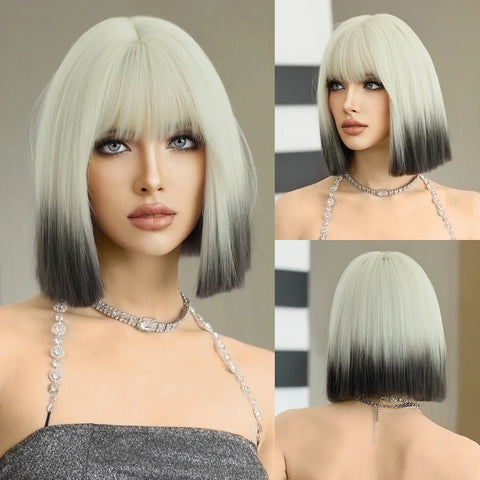 NAMM Shoulder Length Wig Synthetic Straight Blonde Ombre Brown Wigs For Women Daily Party High Density Layered Wigs With Bang